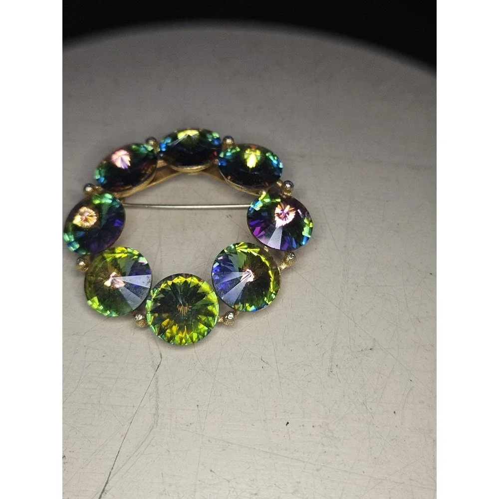 Vintage WEISS Rivoli Rhinestone Brooch Watermelon AB Wreath Gold Tone Pin